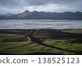 Mountainous volcanic landscape with huge glacial river and heavy clouds above, Iceland 138525123