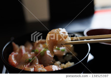 Mixed pickled rice bowl at a diner attached to a local supermarket in Aomori Prefecture. Mixed pickled rice bowl at a diner attached to a local supermarket in Aomori Prefecture. 138525397