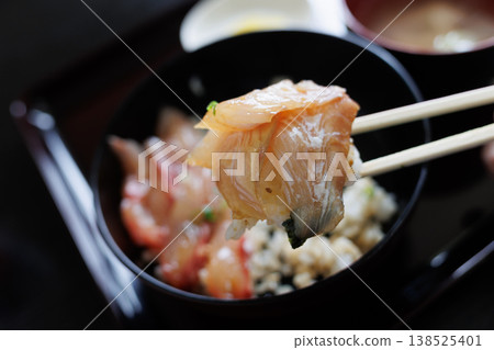 Mixed pickled rice bowl at a diner attached to a local supermarket in Aomori Prefecture. Mixed pickled rice bowl at a diner attached to a local supermarket in Aomori Prefecture. 138525401