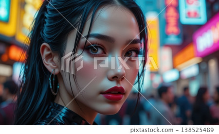 Elegant Cyberpunk Woman Portrait with Hoop Earring in Vibrant City Background 138525489