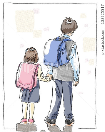 Brother and sister with school bags (colored) 138525517