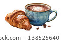 Watercolor blue cup of hot cacao with marshmallow powder and croissant with coffee beans clip art illustration isolated on white background 138525640