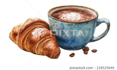 Watercolor blue cup of hot cacao with marshmallow powder and croissant with coffee beans clip art illustration isolated on white background 138525640