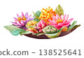 Watercolor Krathong or colorful blooming lotus flowers decorated on wooden tray is traditional in Thailand. Clip art illustration isolated on white background 138525641