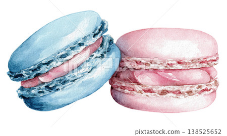 Watercolor homemade two macarons in pastel blue and pink tones clip art illustration isolated on white background 138525652