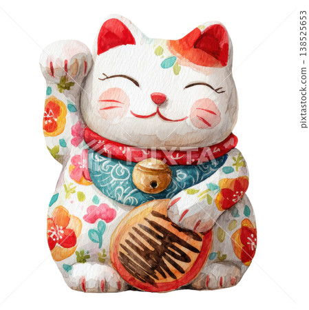 Watercolor Maneki Neko lucky cat figurine with gold coin and raised paw for prosperity clip art illustration. Japanese lucky charms isolated on white background Watercolor Maneki Neko lucky cat figurine with gold coin and raised paw for prosperity clip art illustration. Japanese lucky charms isolated on white background 138525653