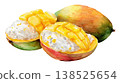 Watercolor fresh mango sticky rice clip art illustration. Traditional food and dessert of Thailand isolated on white background 138525654