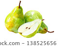 Watercolor fresh green pears and sliced pear clip art illustration isolated on white background 138525656