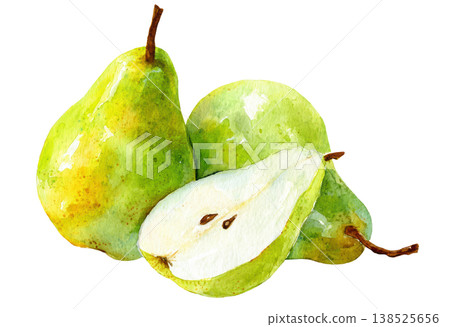 Watercolor fresh green pears and sliced pear clip art illustration isolated on white background 138525656