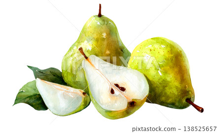 Watercolor fresh green pears and sliced pear clip art illustration isolated on white background 138525657