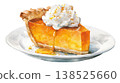 Watercolor slice of pumpkin pie topped with whipped cream on white dish clip art illustration isolated on white background 138525660
