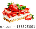 Watercolor strawberry shortcake and cream topped with fresh strawberries clip art illustration isolated on white background 138525661