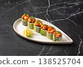 Sushi rolls wrapped in cucumber with spicy topping 138525704