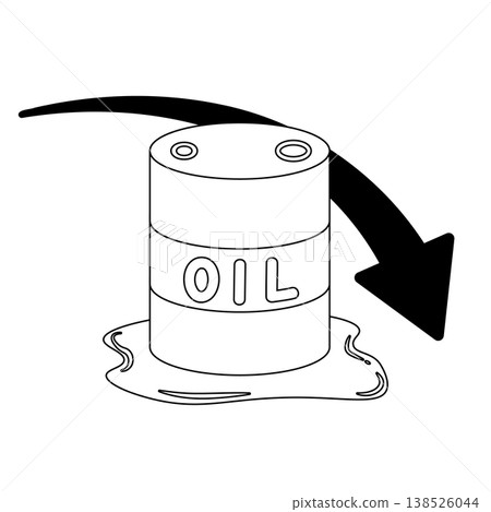 一幅單色插圖，描繪了油桶和一個表示價格下跌的黑色箭頭。 138526044