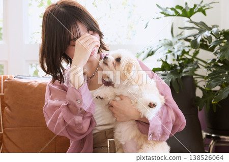 一位女子凝視著她懷裡的馬爾濟斯犬的眼睛。與寵物共度的治癒時光。與狗的溝通。 一位女子凝視著她懷裡的馬爾濟斯犬的眼睛。與寵物共度的治癒時光。與狗的溝通。 138526064