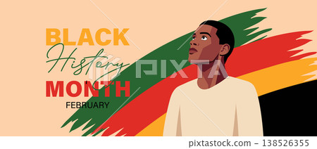 Black History Month celebration with with Young African American Man Looking Up. Illustration, banner. 138526355