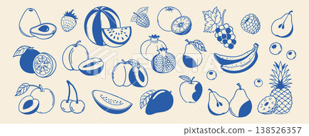 Hand drawn fruits collection. Blue linear sketch. Food illustration. Hand drawn fruits collection. Blue linear sketch. Food illustration. 138526357