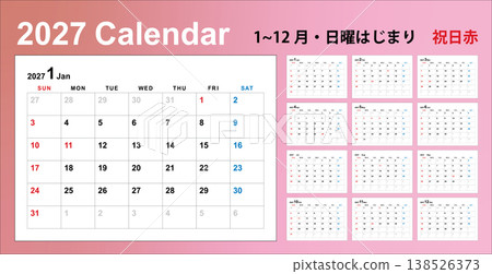 2027 Calendar - Sunday Start - 12 Months - Yearly Schedule 2027 Calendar - Sunday Start - 12 Months - Yearly Schedule 138526373