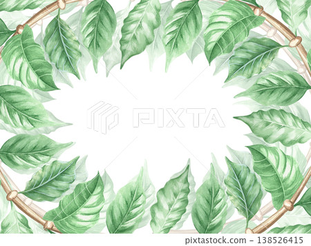 A rectangular watercolor frame depicting a coffee plant branch with green leaves. A text template is made from tree leaves. This isolated botanical illustration is hand-drawn. A rectangular watercolor frame depicting a coffee plant branch with green leaves. A text template is made from tree leaves. This isolated botanical illustration is hand-drawn. 138526415