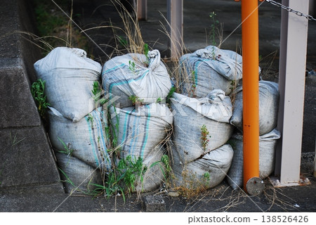 Sandbags piled up on the roadside Sandbags piled up on the roadside 138526426