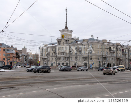 March 22 2026 Barnaul Russia October Square view toward the Spire Building covered in snow cold early spring cityscape urban architecture and winter atmosphere. 138526539