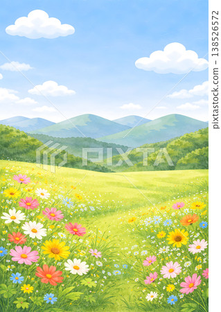 一幅豎版風景插畫,描繪了一座山峰和初夏盛開的花朵,適合智慧型手機使用(水彩風格)。 一幅豎版風景插畫,描繪了一座山峰和初夏盛開的花朵,適合智慧型手機使用(水彩風格)。 138526572