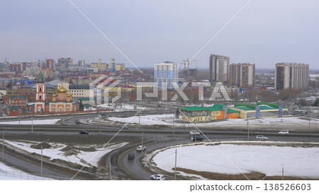 March 22 2026 Barnaul Russia aerial view of Bavarin Square and River Station covered in snow cold early spring cityscape urban architecture and winter atmosphere. 138526603