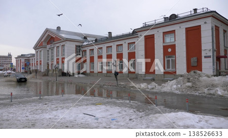 March 22 2026 Barnaul Russia railway station building covered in snow cold early spring cityscape urban architecture and winter atmosphere. 138526633