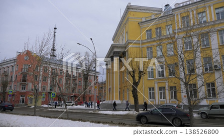 Altai Architectural and Construction College former Barnaul Construction Technical School built 1954 designed by architect V L Kazarinov covered in snow winter atmosphere. 138526800