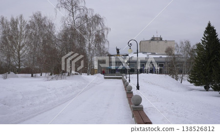 March 22 2026 Barnaul Russia Altai Regional Drama Theatre named after V M Shukshin covered in snow cold early spring cityscape urban architecture and winter atmosphere. March 22 2026 Barnaul Russia Altai Regional Drama Theatre named after V M Shukshin covered in snow cold early spring cityscape urban architecture and winter atmosphere. 138526812