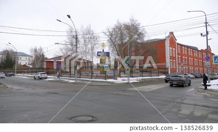 March 22 2026 Barnaul Russia Barnaul Law Institute former Higher Military Aviation School of Pilots covered in snow cold early spring cityscape urban architecture and winter atmosphere. 138526839