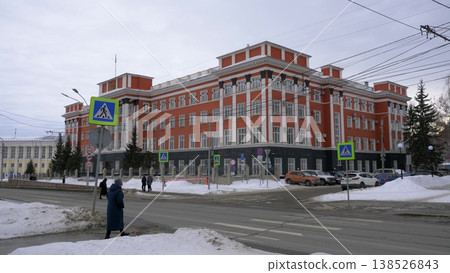 March 22 2026 Barnaul Russia Altai Krai Regional Court building covered in snow cold early spring cityscape urban architecture and winter atmosphere. 138526843