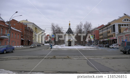 March 22 2026 Barnaul Russia Alexander Nevsky Chapel covered in snow cold early spring cityscape religious architecture landmark and winter atmosphere. March 22 2026 Barnaul Russia Alexander Nevsky Chapel covered in snow cold early spring cityscape religious architecture landmark and winter atmosphere. 138526851