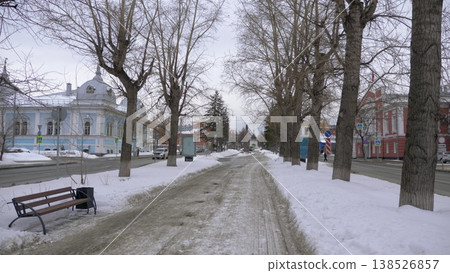 March 22 2026 Barnaul Russia Church of the Annunciation of the Blessed Virgin Mary covered in snow cold early spring cityscape religious architecture and winter atmosphere. March 22 2026 Barnaul Russia Church of the Annunciation of the Blessed Virgin Mary covered in snow cold early spring cityscape religious architecture and winter atmosphere. 138526857