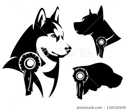 purebred dog with show champion award rosette black and white vector head outline and silhouette purebred dog with show champion award rosette black and white vector head outline and silhouette 138526936