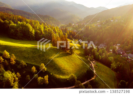Calm idyllic village in Slovenian mountains at sunrise, summer travel concept 138527198