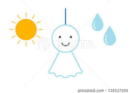 Cute teru teru bozu (weather doll), sun, and raindrops vector illustration 138527200