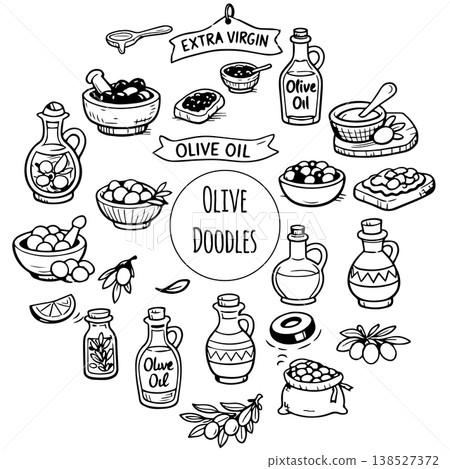 Hand drawn doodles olive branches and individual olives. Olive tree branches, oil packaging. Hand drawn doodles olive branches and individual olives. Olive tree branches, oil packaging. 138527372