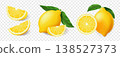 Realistic lemon fruits. Collection of whole lemons, slices and pieces with green leaves, fresh juicy ripe citrus set, highly detailed natural illustration isolated on transparent background for design 138527373