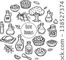 Hand drawn doodles olive branches and individual olives. Olive tree branches, oil packaging. 138527374