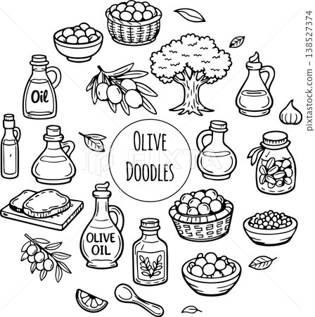 Hand drawn doodles olive branches and individual olives. Olive tree branches, oil packaging. Hand drawn doodles olive branches and individual olives. Olive tree branches, oil packaging. 138527374