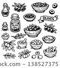 Hand drawn doodles olive branches and individual olives. Olive tree branches, oil packaging. 138527375