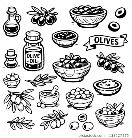 Hand drawn doodles olive branches and individual olives. Olive tree branches, oil packaging. 138527375