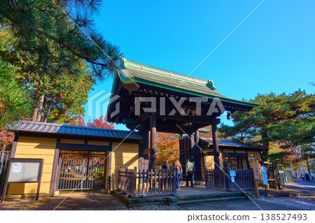 秋季從入口處看到的東京世田谷區豪德寺正門景色。 138527493