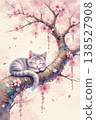 Gray striped cat sleeping on a cherry blossom tree branch with pink flowers in springtime 138527908