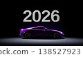 Sleek purple sports car silhouette with bold 2026 numbers in a dramatic lighting setup 138527923