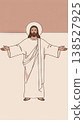 Illustration of a Jesus with open arms, wearing a white robe and halo, against a minimal background 138527925