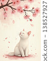 White cat sitting beneath cherry blossom tree with pink flowers and petals falling softly 138527927