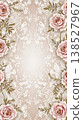 Vintage floral pattern with pink roses and intricate white lace design on beige background 138527967