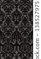 Black damask pattern on gray background with intricate floral and scroll designs 138527975